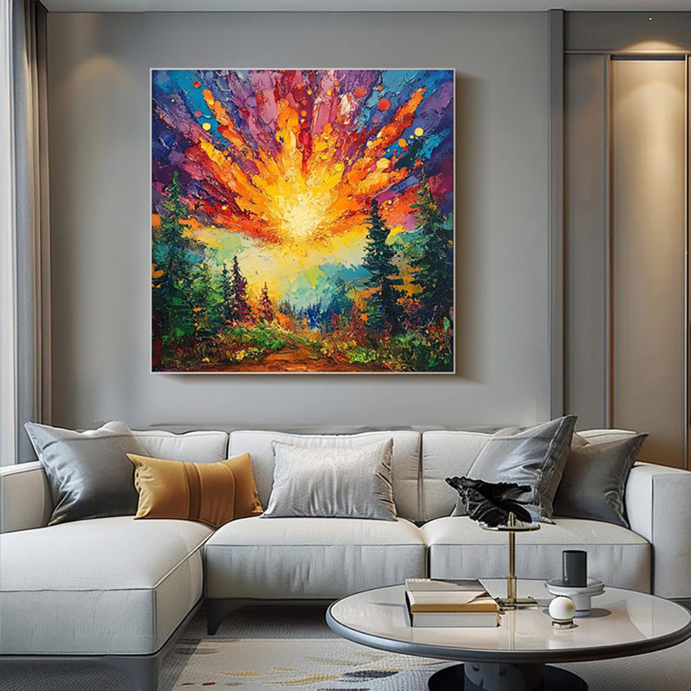 Vibrant Forest Sunrise Oil Painting – Hand-Painted Abstract Landscape Canvas Wall Art