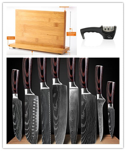 Premium 8-Piece Damascus Style Kitchen Knife Set with Magnetic Wooden Block & Sharpener