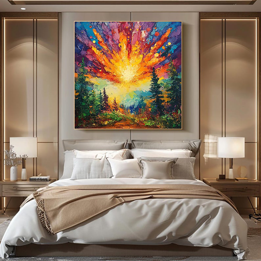 Vibrant Forest Sunrise Oil Painting – Hand-Painted Abstract Landscape Canvas Wall Art