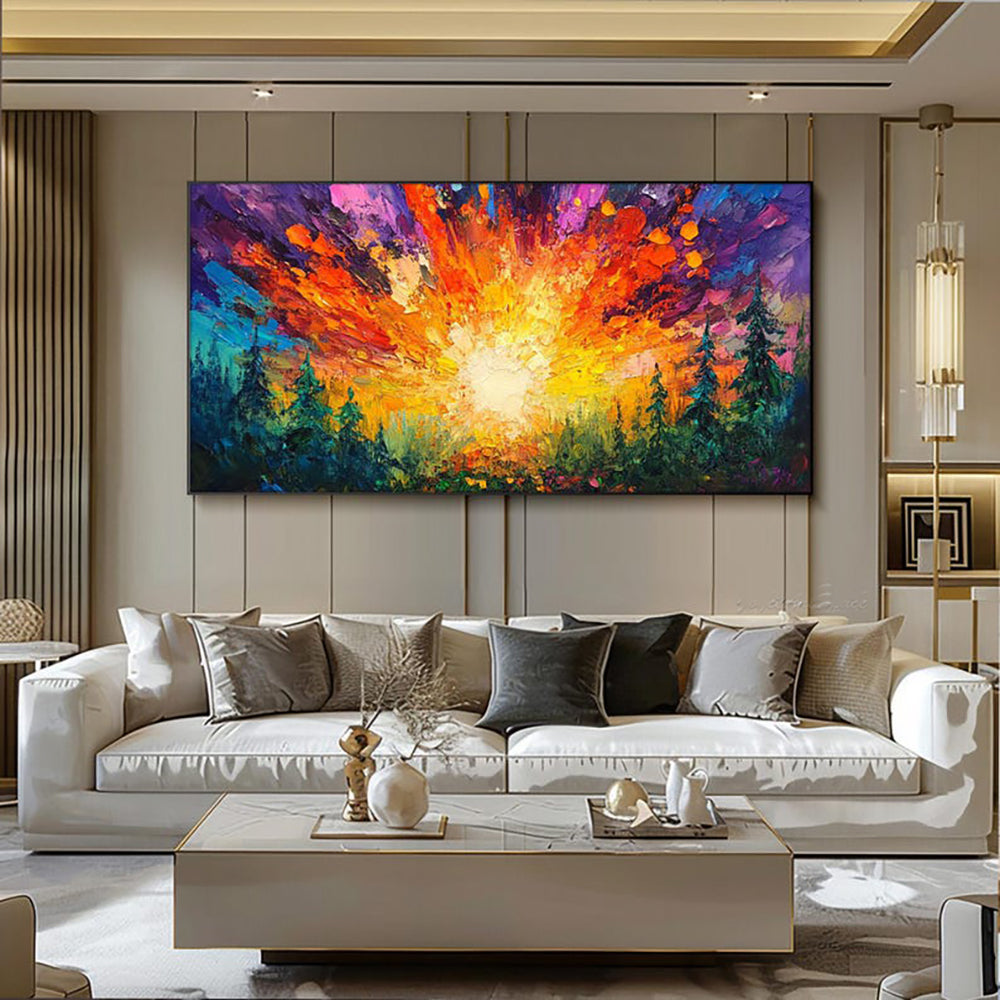 Vibrant Forest Sunrise Oil Painting – Hand-Painted Abstract Landscape Canvas Wall Art