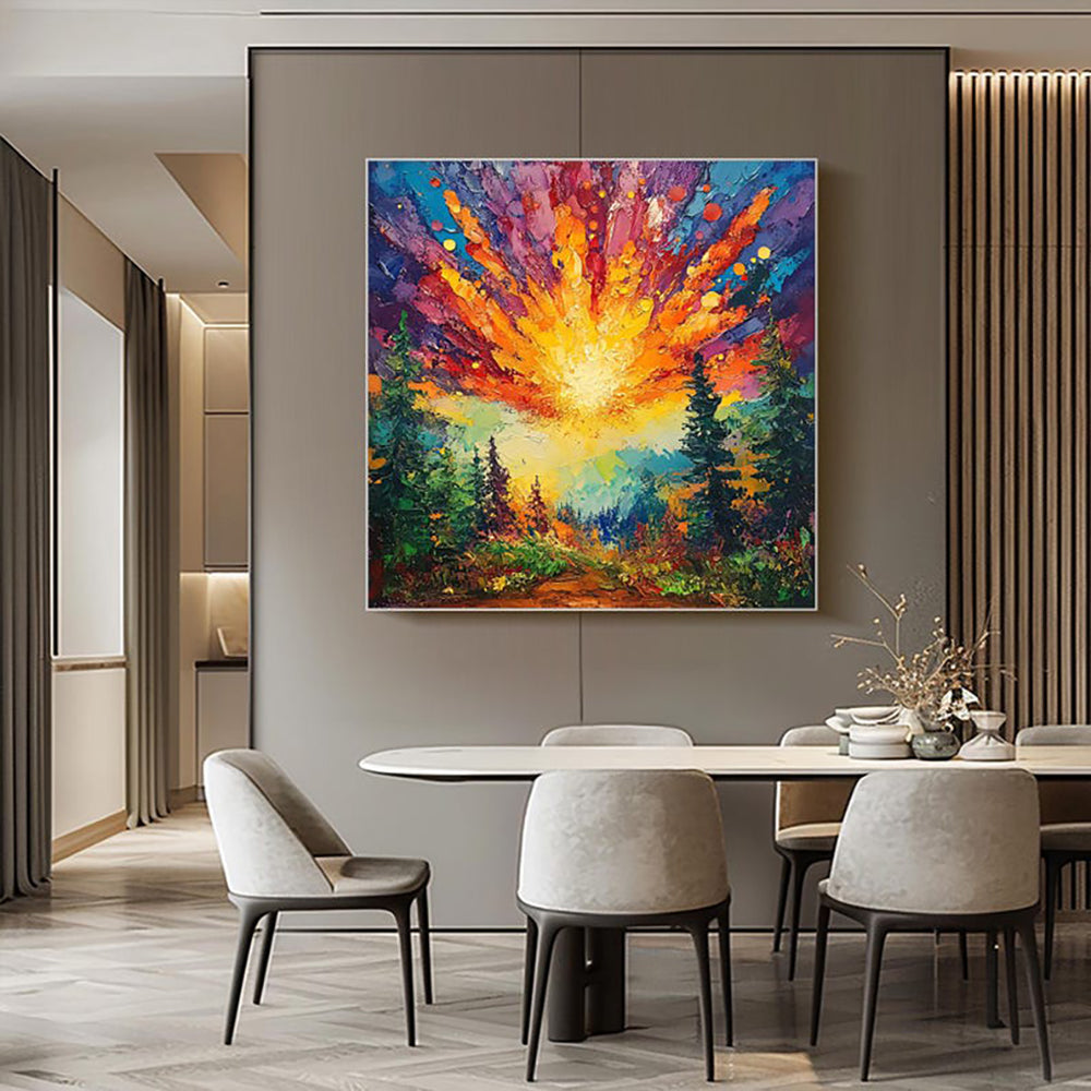 Vibrant Forest Sunrise Oil Painting – Hand-Painted Abstract Landscape Canvas Wall Art
