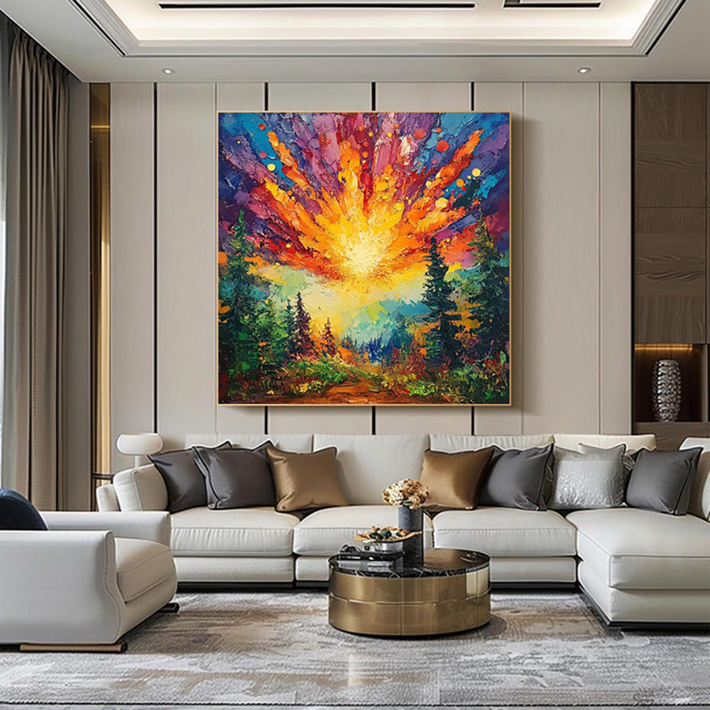 Vibrant Forest Sunrise Oil Painting – Hand-Painted Abstract Landscape Canvas Wall Art
