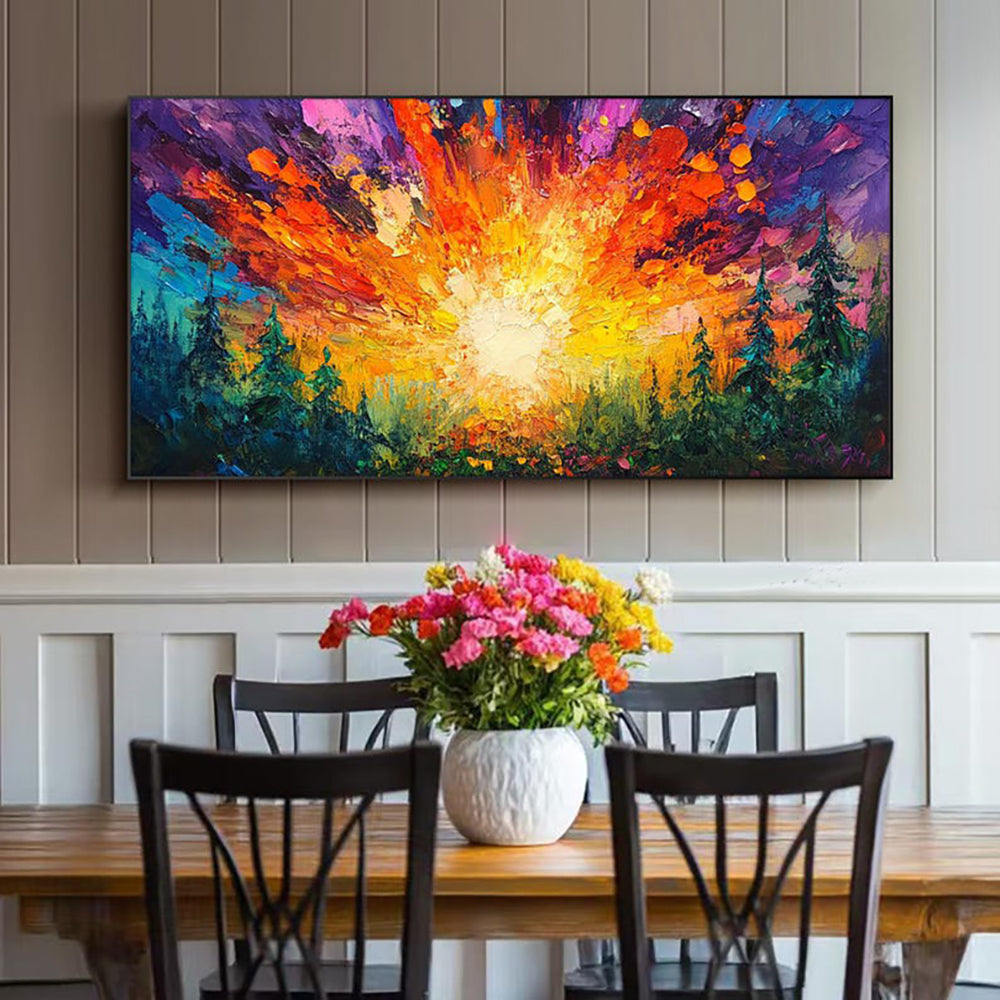 Vibrant Forest Sunrise Oil Painting – Hand-Painted Abstract Landscape Canvas Wall Art
