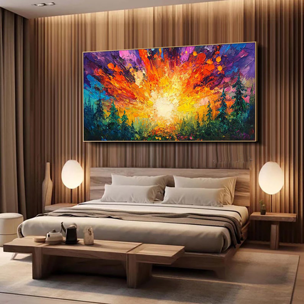 Vibrant Forest Sunrise Oil Painting – Hand-Painted Abstract Landscape Canvas Wall Art