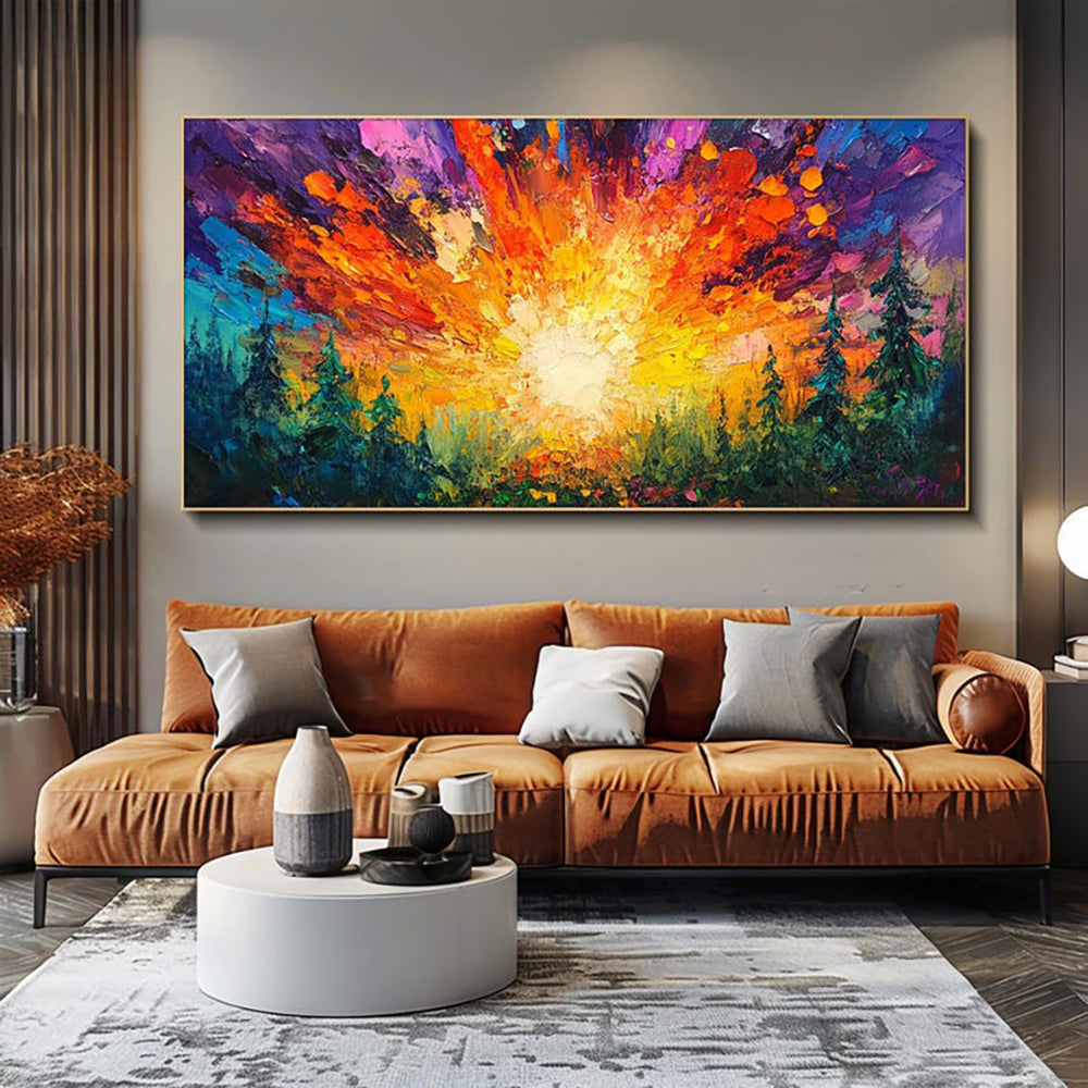 Vibrant Forest Sunrise Oil Painting – Hand-Painted Abstract Landscape Canvas Wall Art
