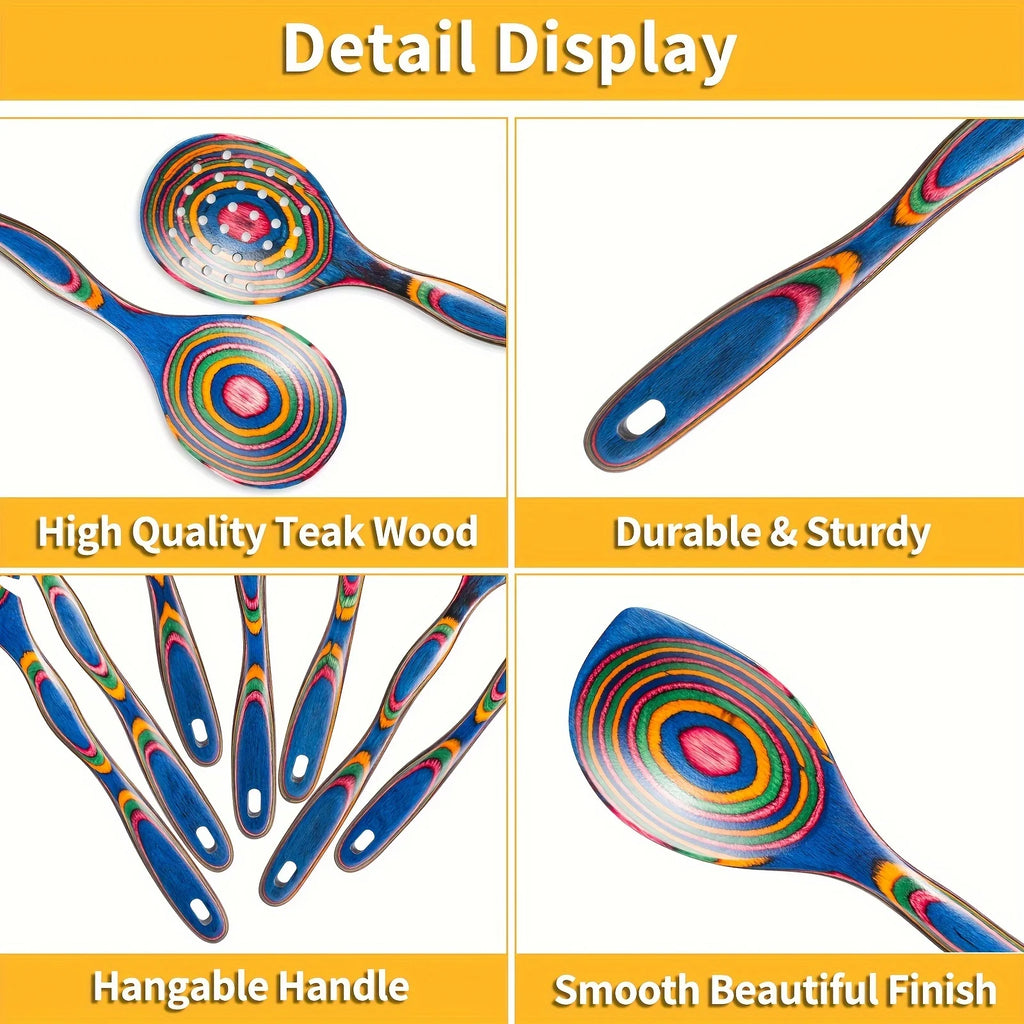 Premium 7-Piece Rainbow Wooden Utensil Set – Durable Eco-Friendly Cooking & Serving Spoons