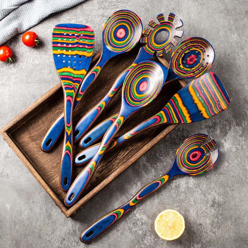 Premium 7-Piece Rainbow Wooden Utensil Set – Durable Eco-Friendly Cooking & Serving Spoons
