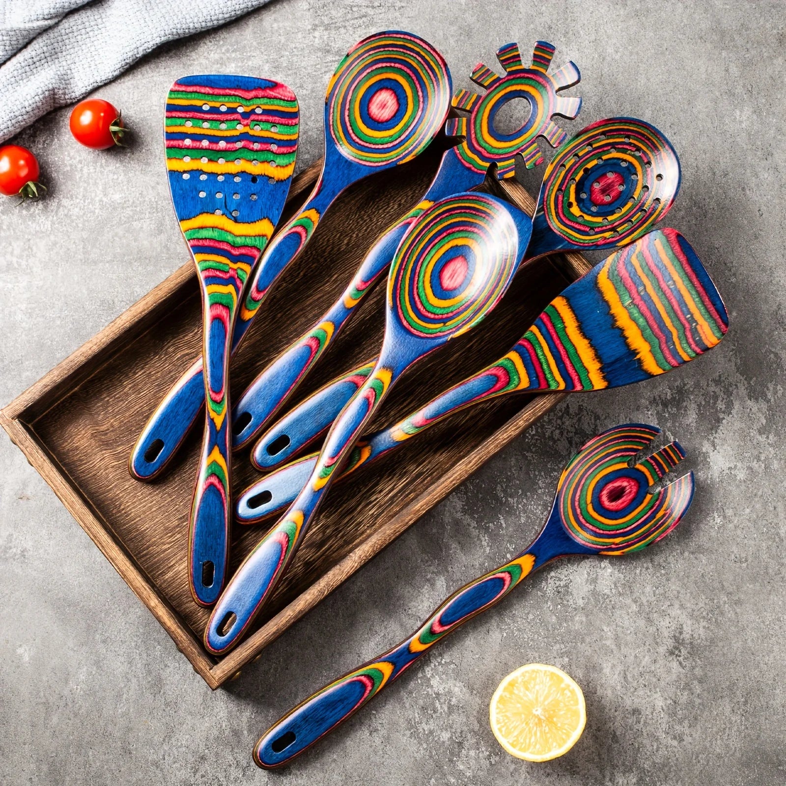 Premium 7-Piece Rainbow Wooden Utensil Set – Durable Eco-Friendly Cooking & Serving Spoons