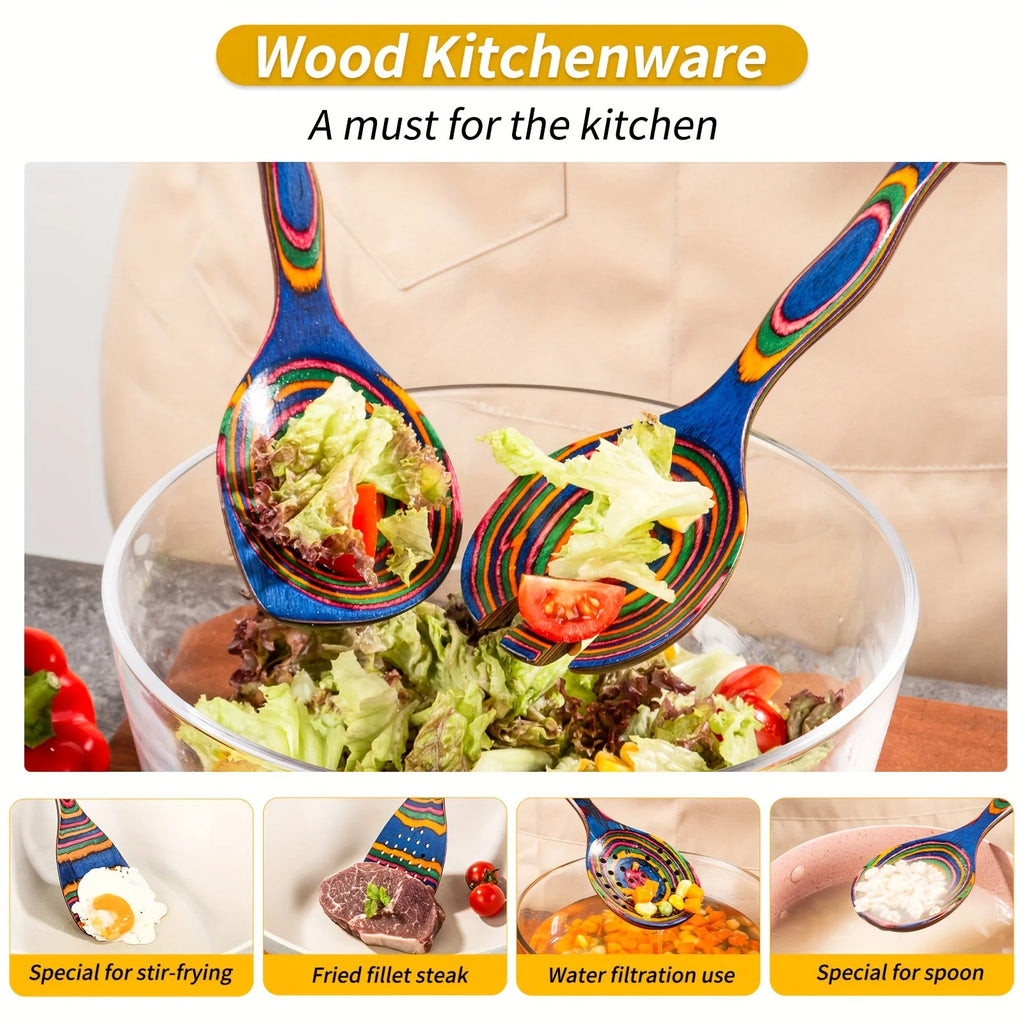 Premium 7-Piece Rainbow Wooden Utensil Set – Durable Eco-Friendly Cooking & Serving Spoons