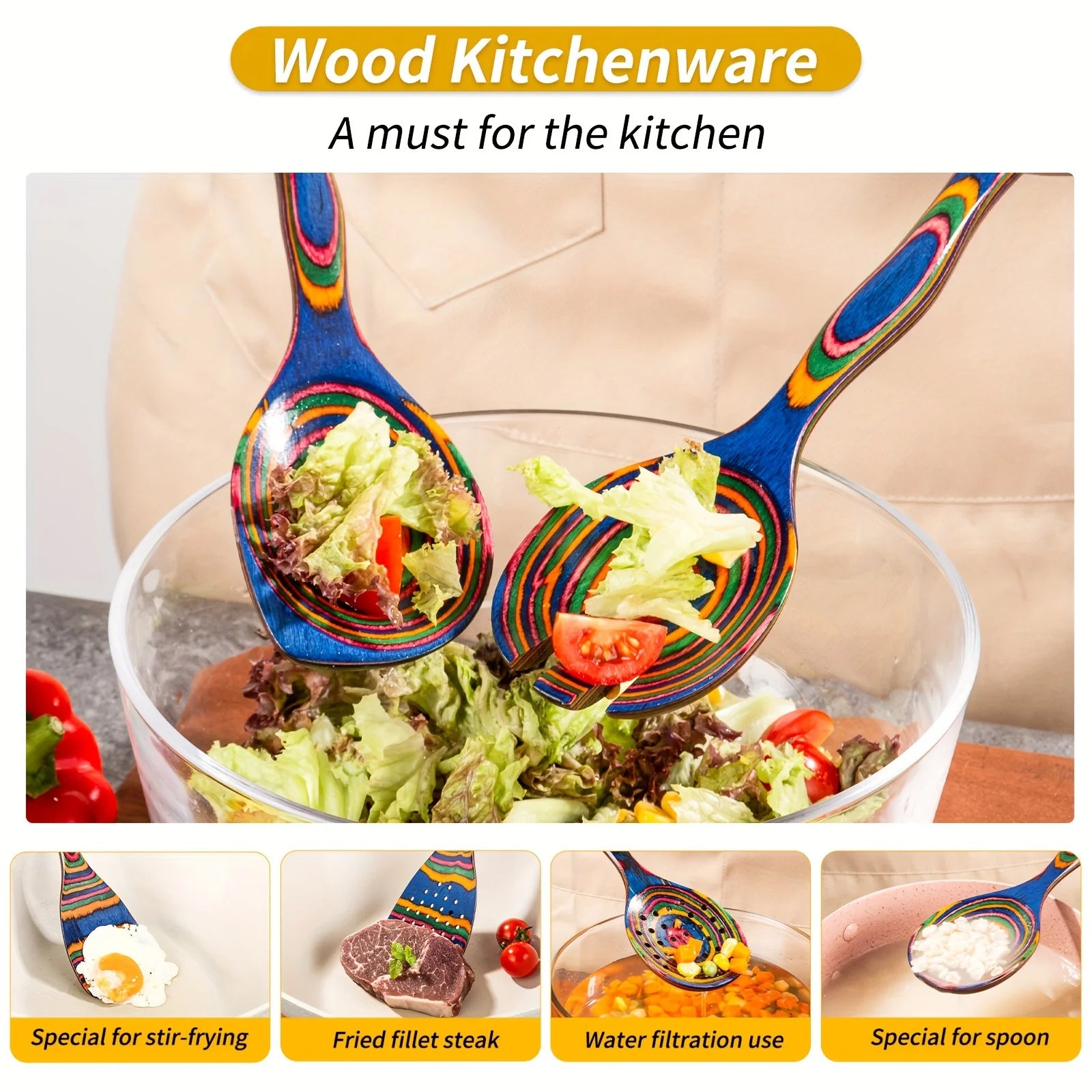 Premium 7-Piece Rainbow Wooden Utensil Set – Durable Eco-Friendly Cooking & Serving Spoons