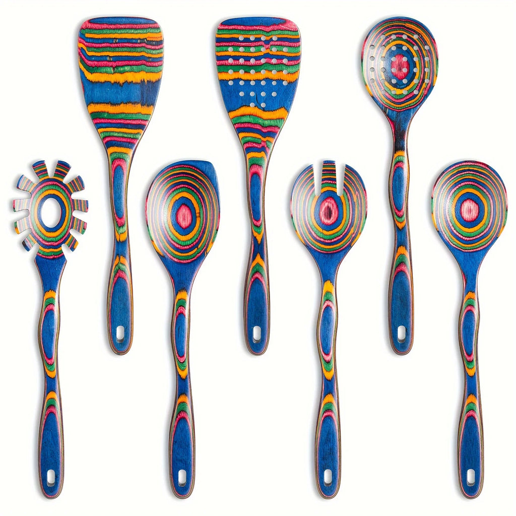 Premium 7-Piece Rainbow Wooden Utensil Set – Durable Eco-Friendly Cooking & Serving Spoons