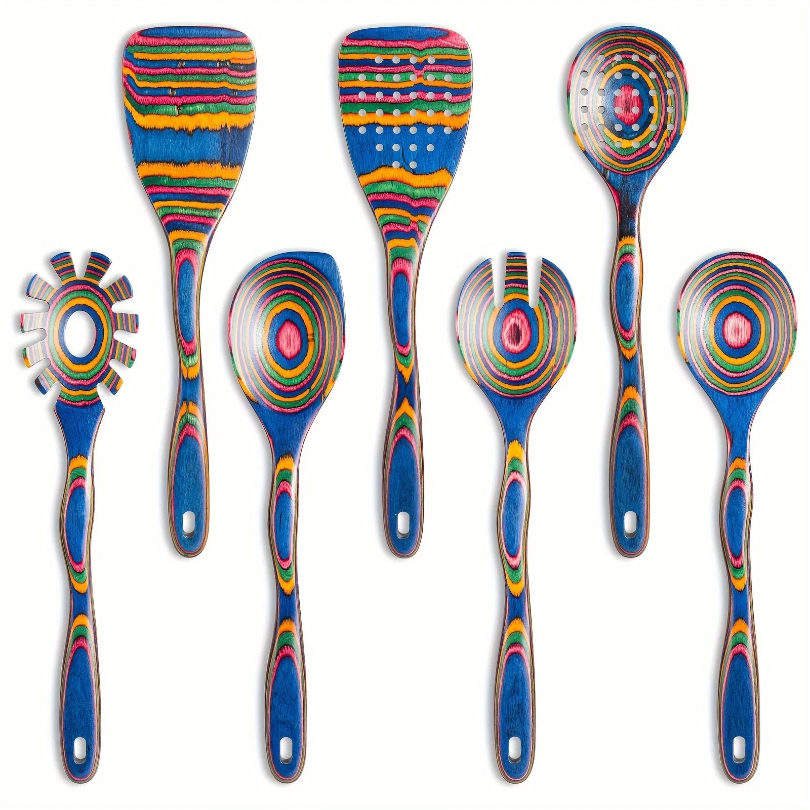 Premium 7-Piece Rainbow Wooden Utensil Set – Durable Eco-Friendly Cooking & Serving Spoons