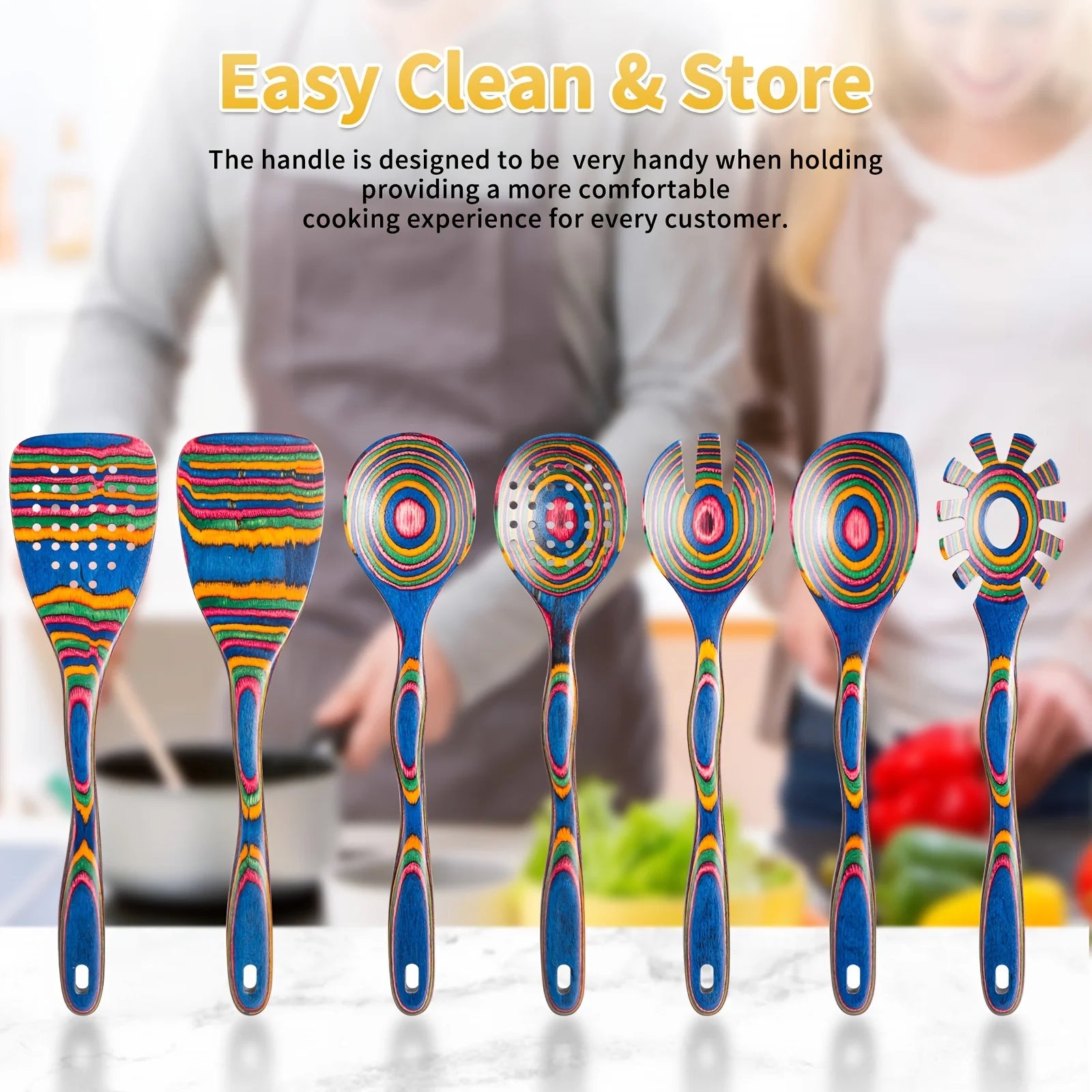 Premium 7-Piece Rainbow Wooden Utensil Set – Durable Eco-Friendly Cooking & Serving Spoons