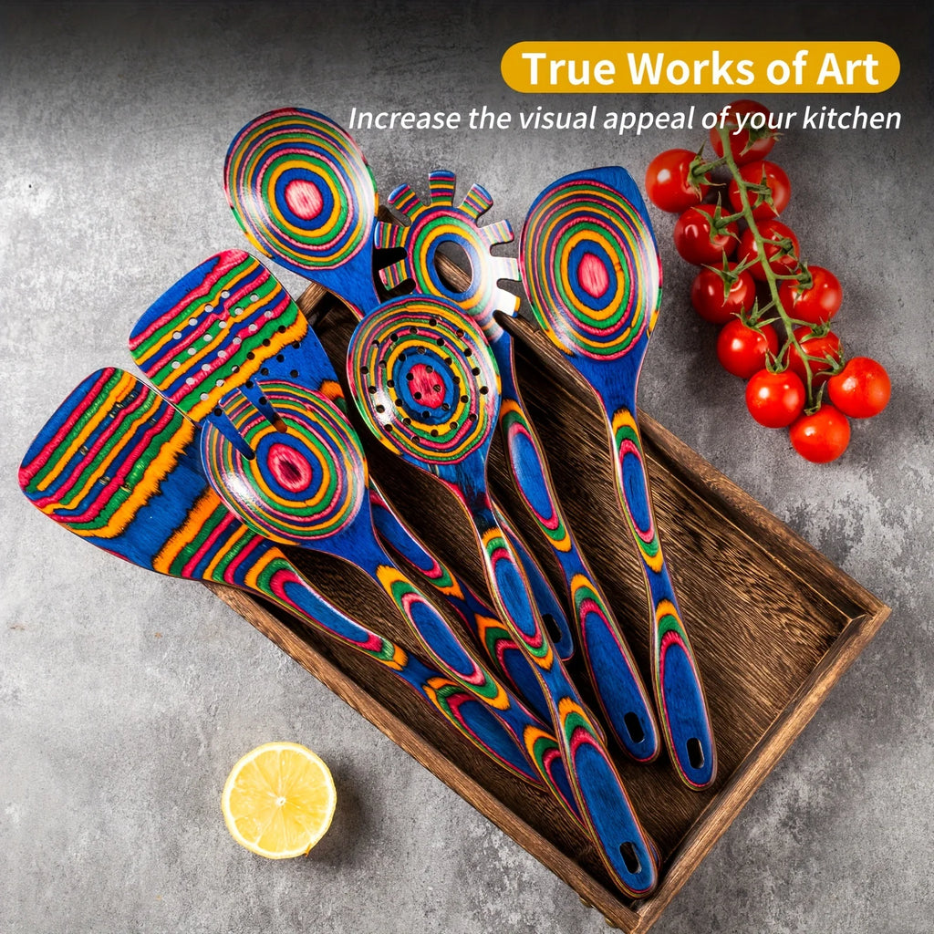 Premium 7-Piece Rainbow Wooden Utensil Set – Durable Eco-Friendly Cooking & Serving Spoons