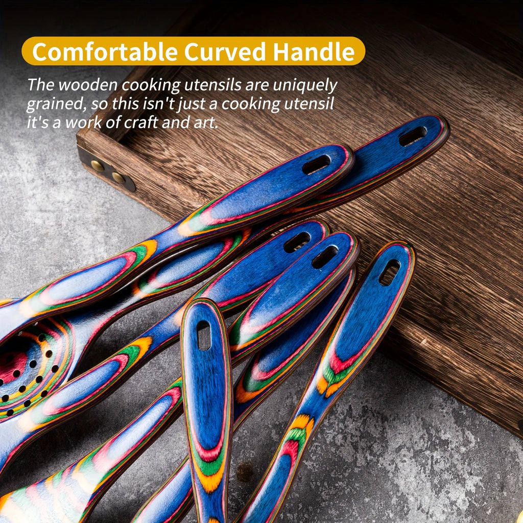 Premium 7-Piece Rainbow Wooden Utensil Set – Durable Eco-Friendly Cooking & Serving Spoons