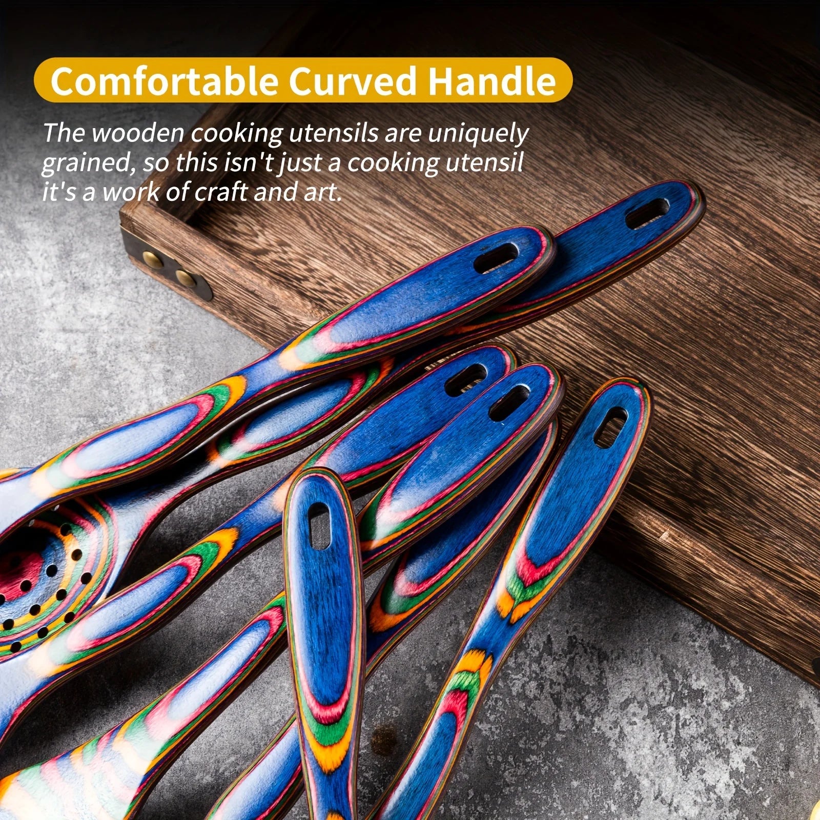 Premium 7-Piece Rainbow Wooden Utensil Set – Durable Eco-Friendly Cooking & Serving Spoons