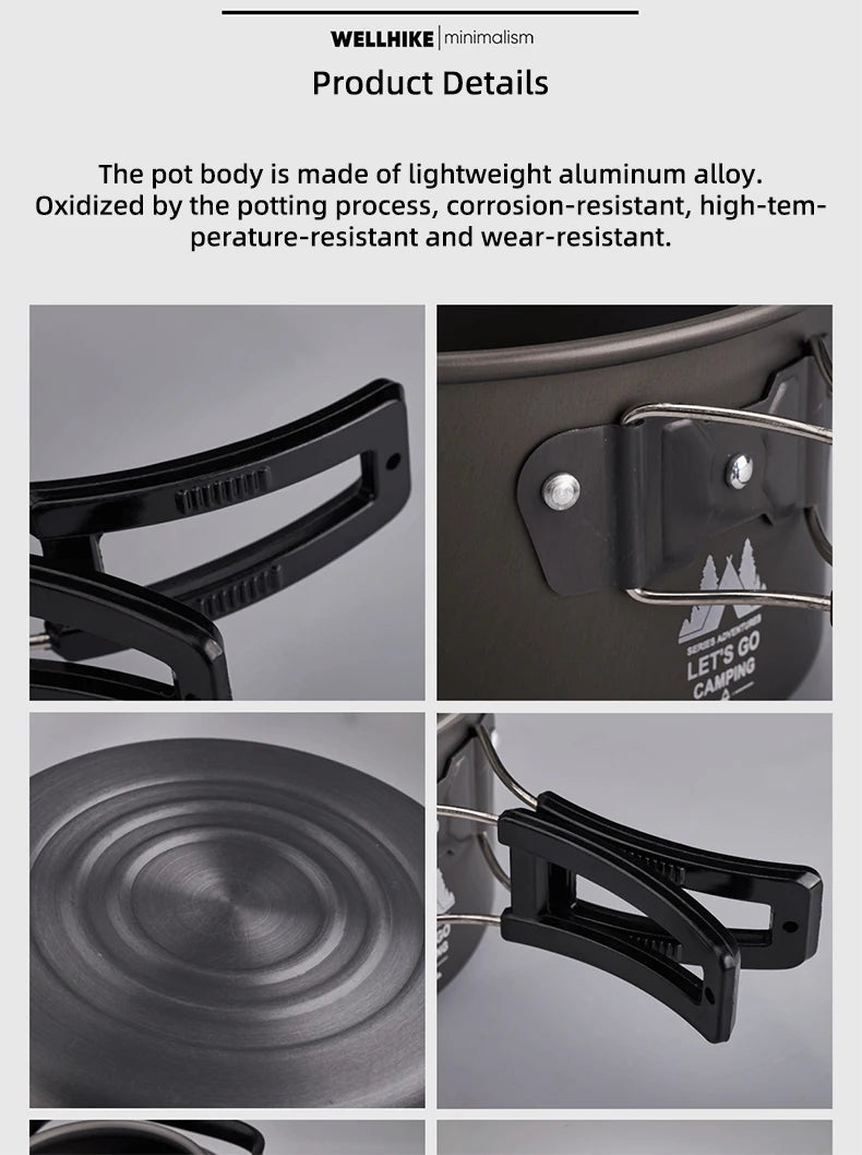 WELLHIKE Outdoor Camping Cooking Set Of Cookware Portable Camping Cookware Set Travel Utensils For 1-2 People Kettle Frying Pan