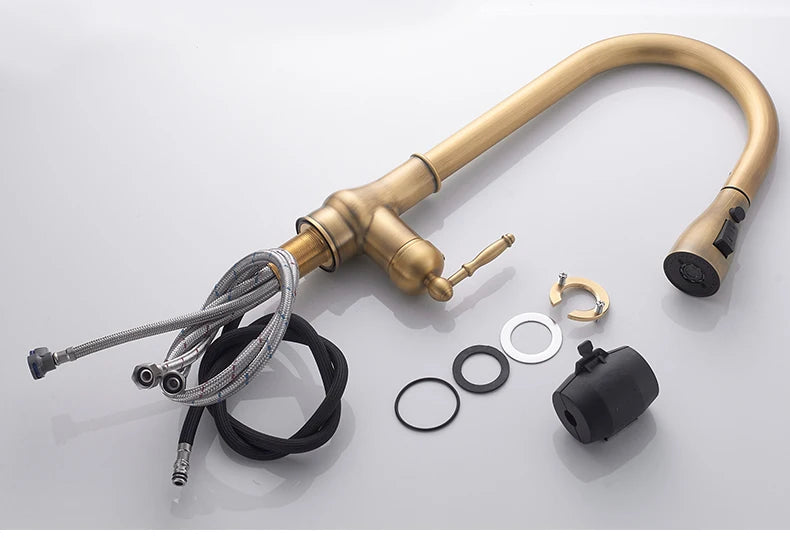 Kitchen Faucets Pull Out Antique Bronze Kitchen Sink Water Mixer Tap Crane Faucet Hot Cold with Sprayer EL9021