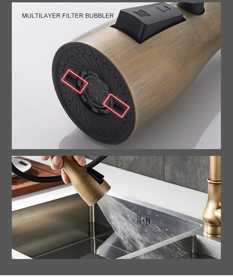 Kitchen Faucets Pull Out Antique Bronze Kitchen Sink Water Mixer Tap Crane Faucet Hot Cold with Sprayer EL9021