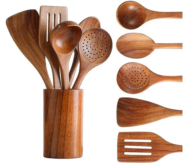 6Pcs Kitchenware Set Kitchen Tools Set Cooking Shovel Spoon Mixing Wooden Spoon Teak Wooden Shovel Storage Tableware