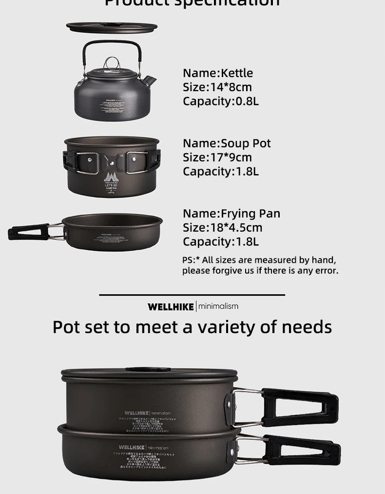 WELLHIKE Outdoor Camping Cooking Set Of Cookware Portable Camping Cookware Set Travel Utensils For 1-2 People Kettle Frying Pan