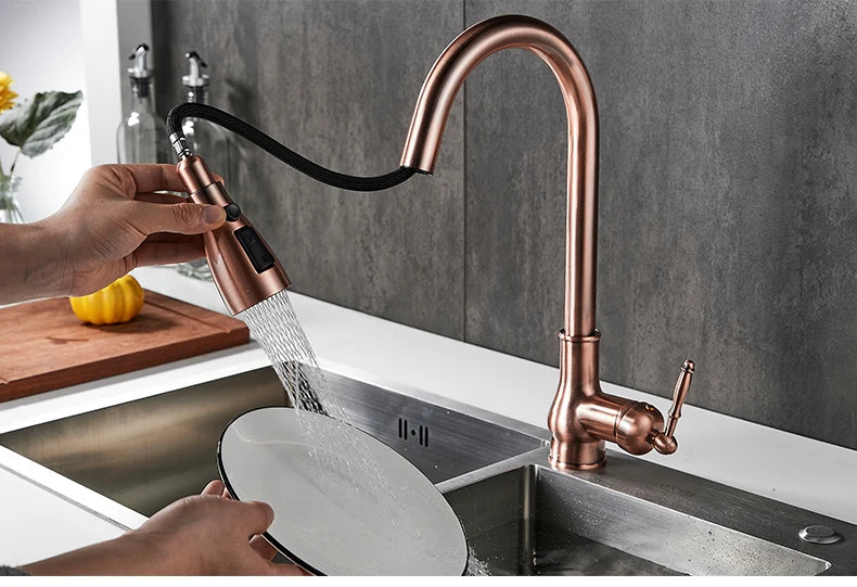 Kitchen Faucets Pull Out Antique Bronze Kitchen Sink Water Mixer Tap Crane Faucet Hot Cold with Sprayer EL9021