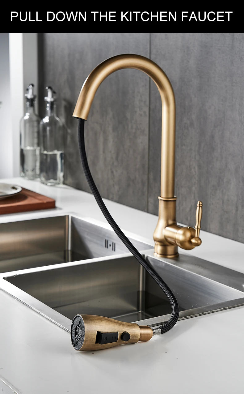 Kitchen Faucets Pull Out Antique Bronze Kitchen Sink Water Mixer Tap Crane Faucet Hot Cold with Sprayer EL9021