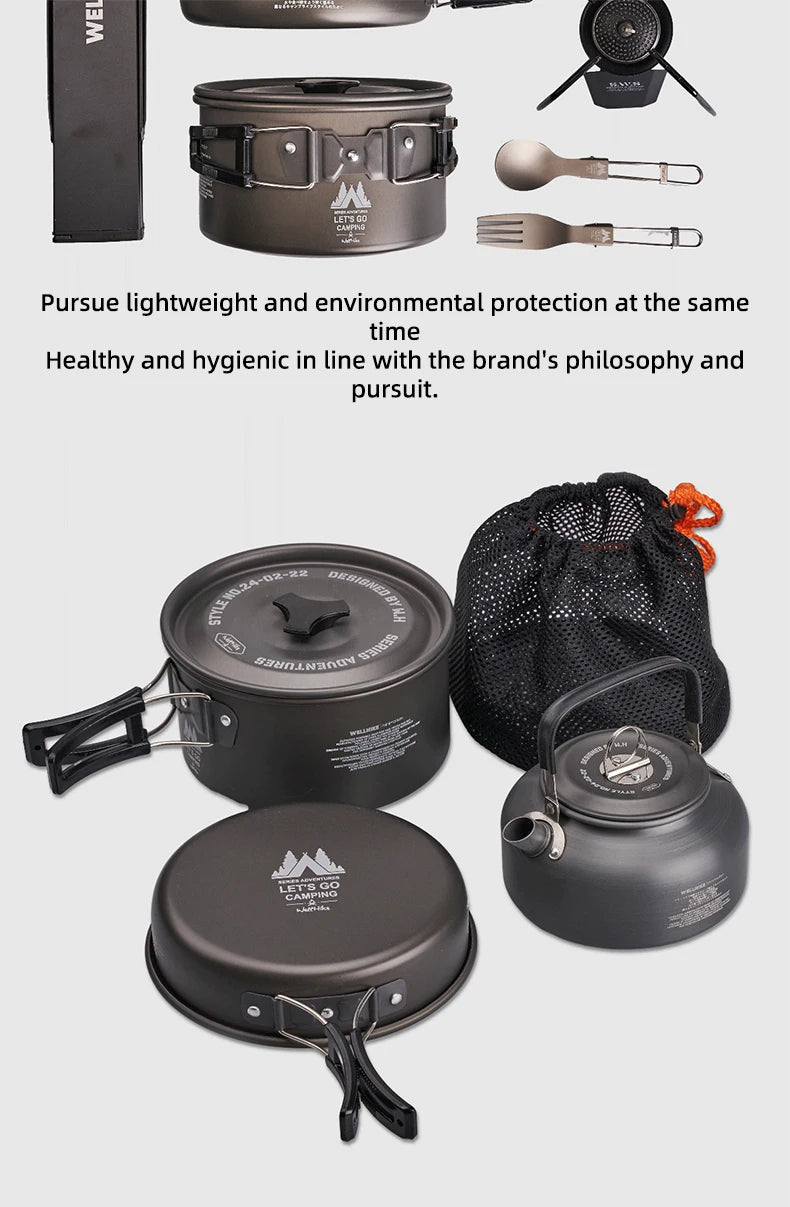 WELLHIKE Outdoor Camping Cooking Set Of Cookware Portable Camping Cookware Set Travel Utensils For 1-2 People Kettle Frying Pan