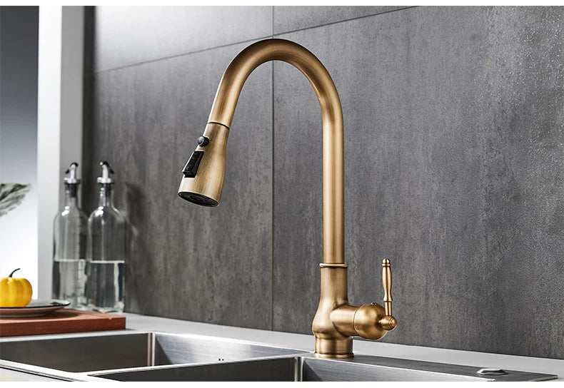 Kitchen Faucets Pull Out Antique Bronze Kitchen Sink Water Mixer Tap Crane Faucet Hot Cold with Sprayer EL9021