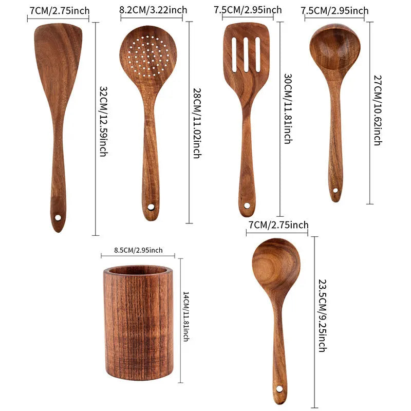 6Pcs Kitchenware Set Kitchen Tools Set Cooking Shovel Spoon Mixing Wooden Spoon Teak Wooden Shovel Storage Tableware
