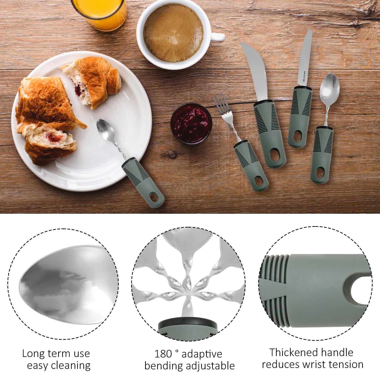 Adaptive Utensils Set Stainless Steel Bendable Cutlery Set for Hand Tremors Elderly, Arthritis,Parkinsons-Built Up Utensils