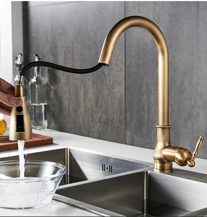 Kitchen Faucets Pull Out Antique Bronze Kitchen Sink Water Mixer Tap Crane Faucet Hot Cold with Sprayer EL9021