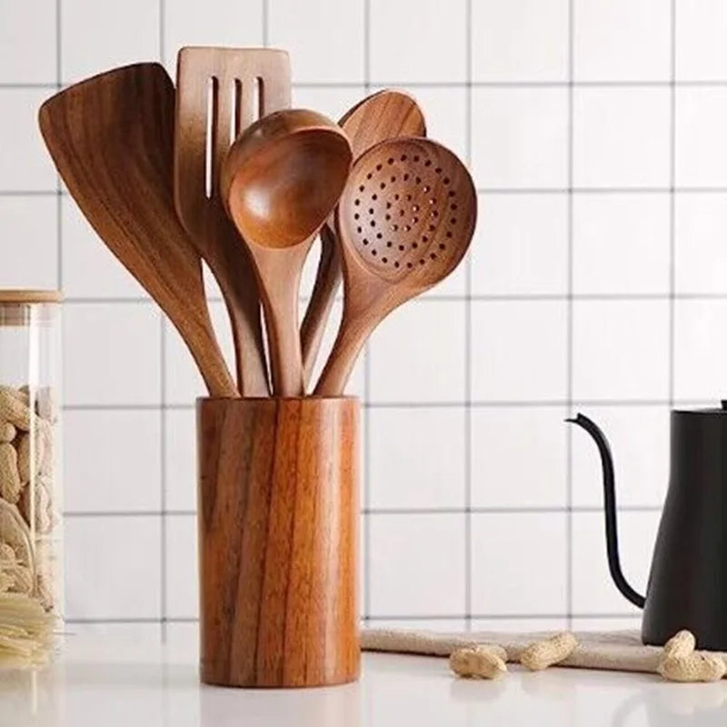 6Pcs Kitchenware Set Kitchen Tools Set Cooking Shovel Spoon Mixing Wooden Spoon Teak Wooden Shovel Storage Tableware
