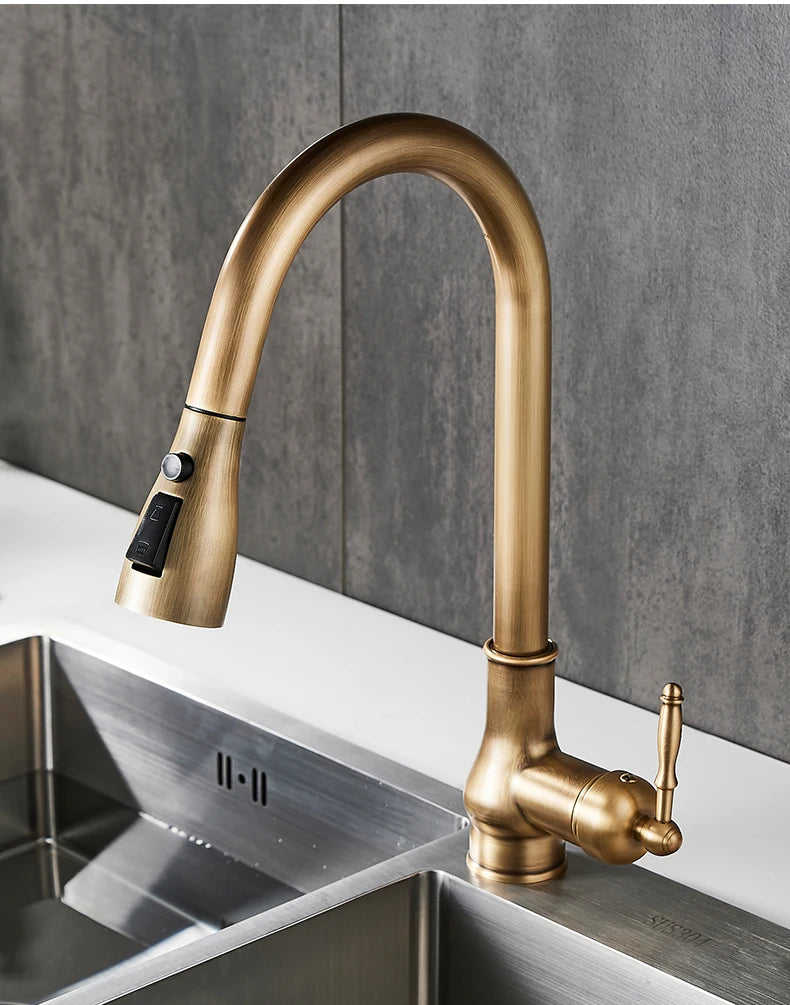 Kitchen Faucets Pull Out Antique Bronze Kitchen Sink Water Mixer Tap Crane Faucet Hot Cold with Sprayer EL9021