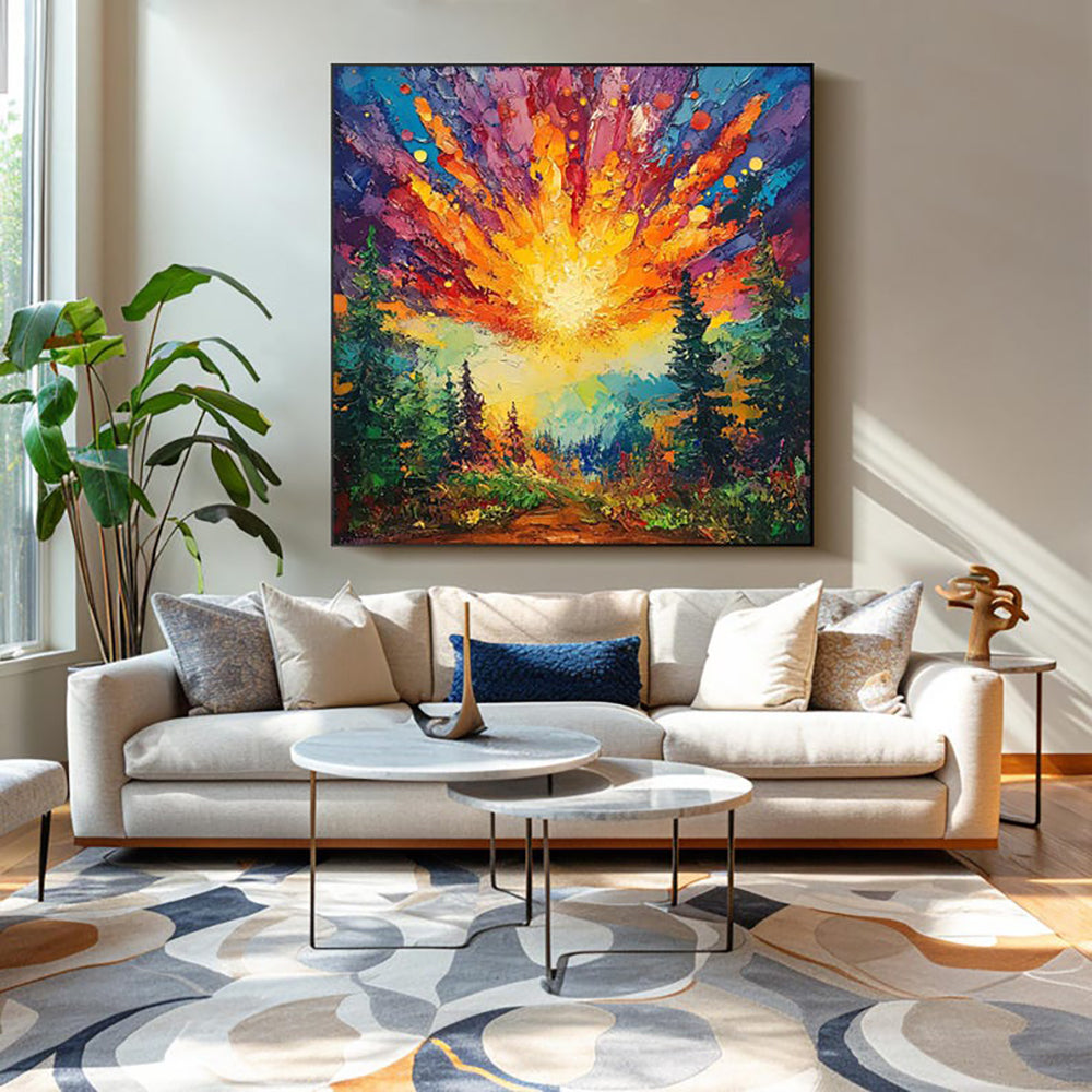 Vibrant Forest Sunrise Oil Painting – Hand-Painted Abstract Landscape Canvas Wall Art