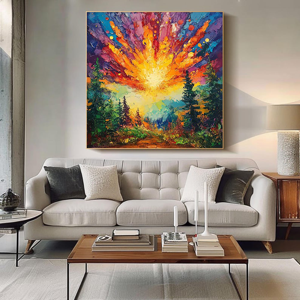 Vibrant Forest Sunrise Oil Painting – Hand-Painted Abstract Landscape Canvas Wall Art